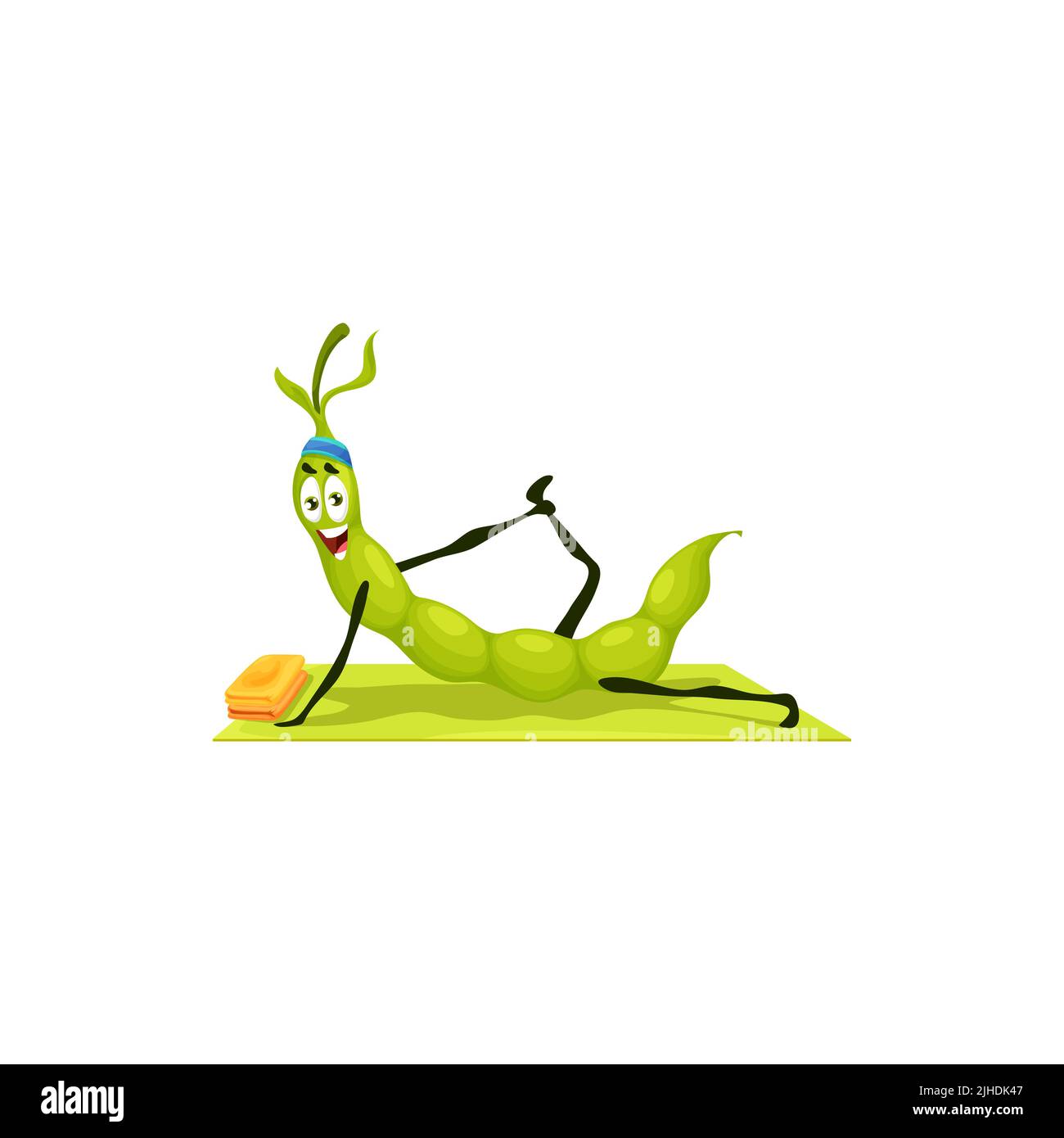 Cartoon grüne Erbse lustige Bohnenschote Charakter auf Yoga oder Pilates Fitness-Sport. Vector niedlichen Gemüse Maskottchen in Yogi-Pose liegen auf der Matte. Comic-Persönlichkeit beim Stretching-Kurs, Gesundheitspflege Yoga-Praxis Stock Vektor