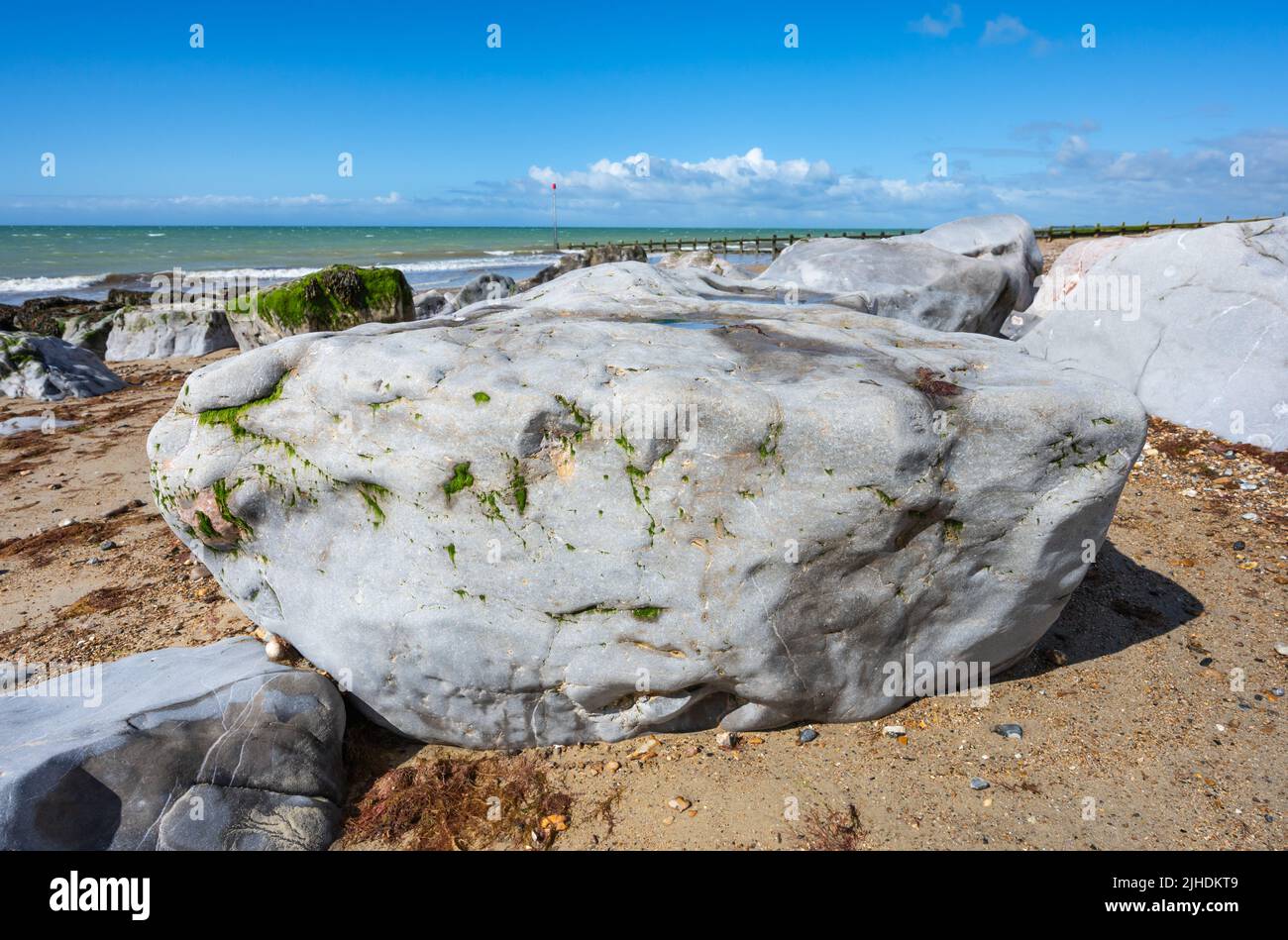 Große Felsen am Sandstrand, bedeckt mit grünen Algen bei Ebbe, Ultra Weitwinkel Blick, an einem Strand an der Küste in Großbritannien. Stockfoto