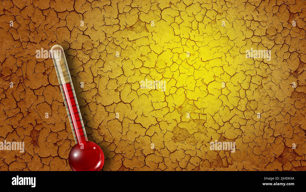 Hitzewellen- oder Hitzewellen-Thermometer und heißes Wetter mit steigenden Temperaturen und extremer Temperatur, was zu Dürre als Naturkatastrophe führt. Stockfoto