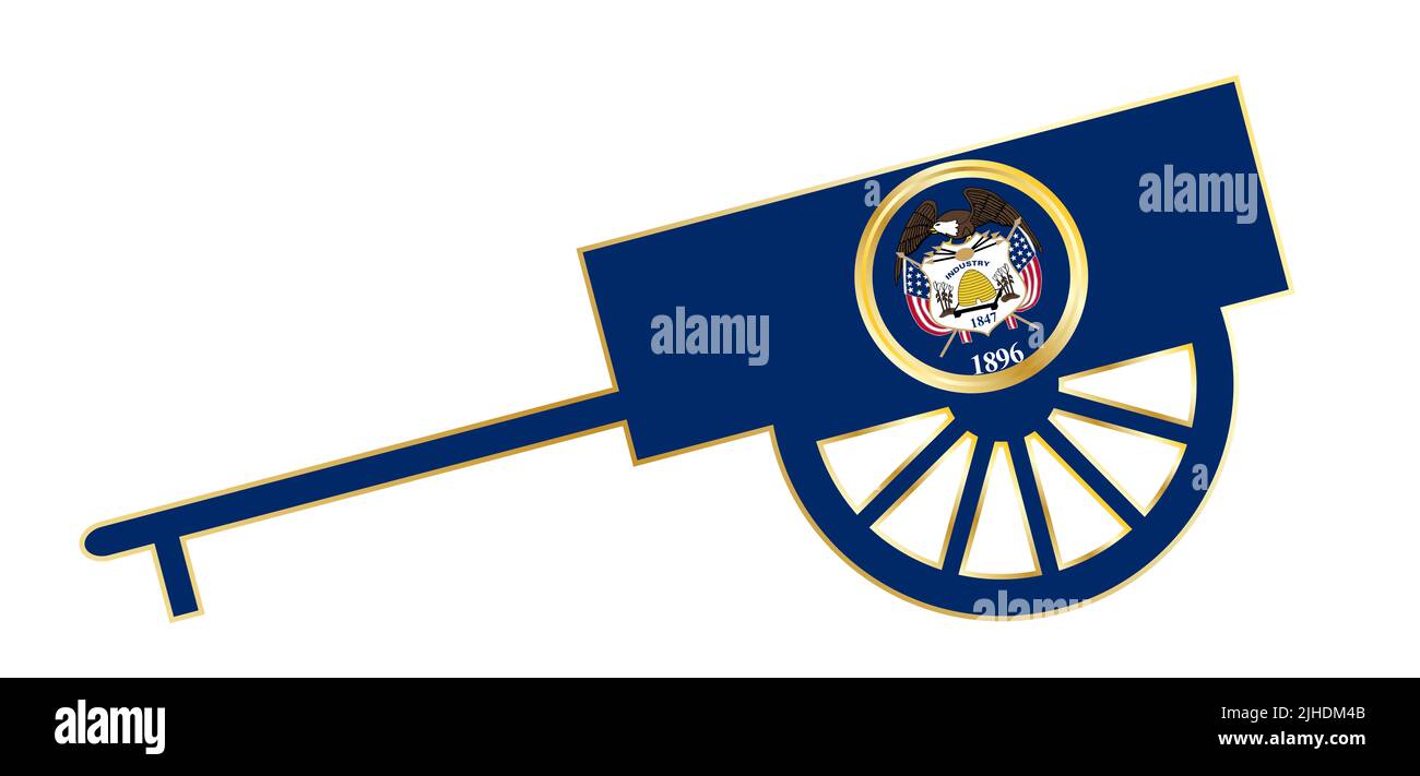 Ein typischer leerer Handwagen aus mormonischem Holz mit isolierter Utah-Staatsflagge auf weißem Hintergrund Stockfoto
