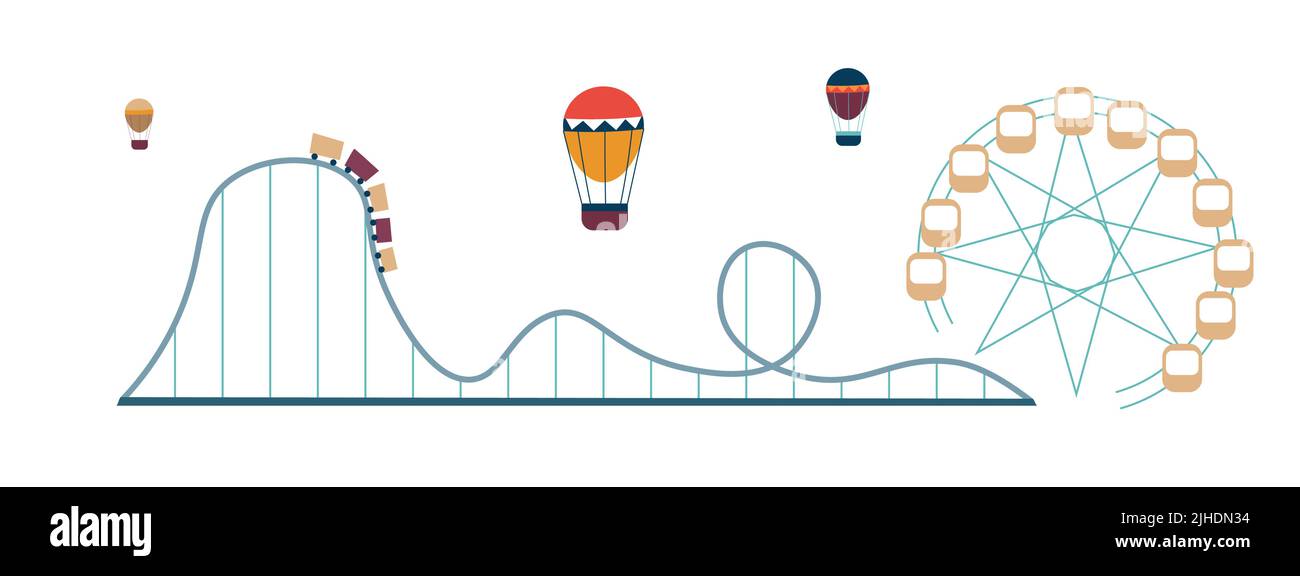 Attraktionen und große top Zirkus Vergnügungspark Eis Vektor Achterbahn und Luftballon Stock Vektor