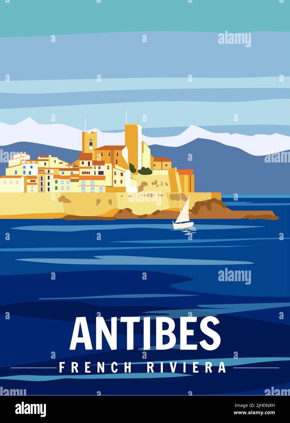 Antibes Festung Französische Riviera Retro Poster. Tropische Küste, landschaftlich schöne Aussicht, Palmen, Mittelmeer, Meer Stadt. Stock Vektor