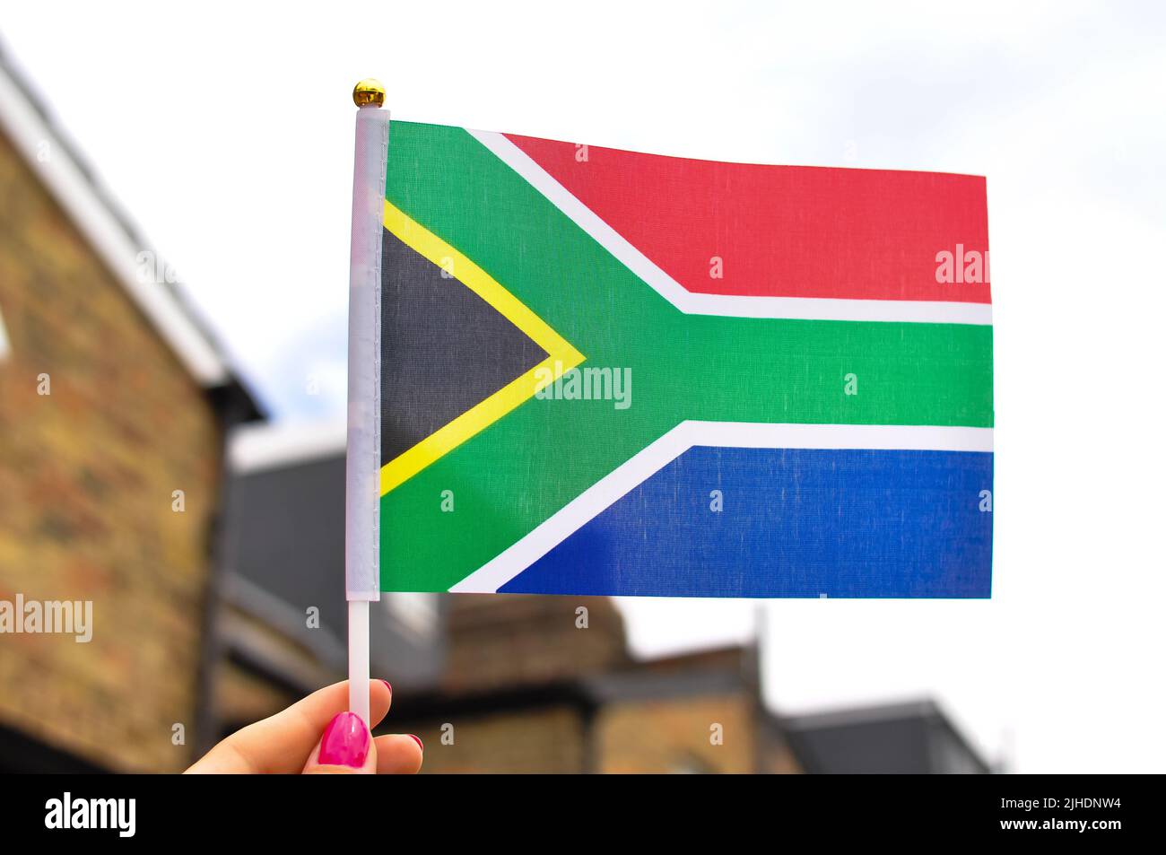 Nahaufnahme der Nationalflagge südafrikas, rot-grüne und blaue Farben Stockfoto