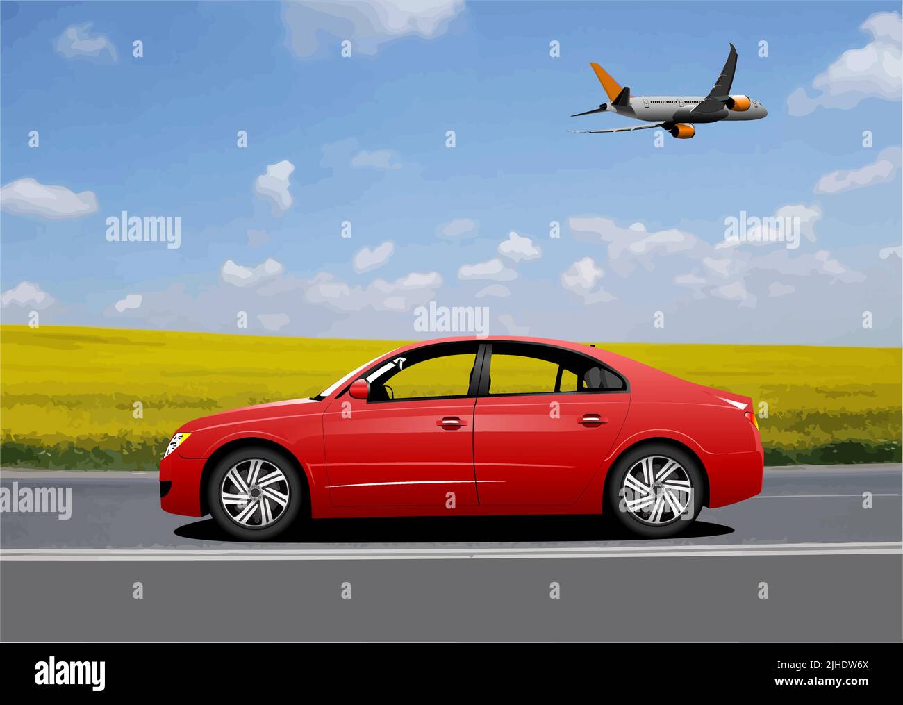 Orange Auto Limousine auf Feldhintergrund und Flugzeug. 3D Farbvektordarstellung Stock Vektor