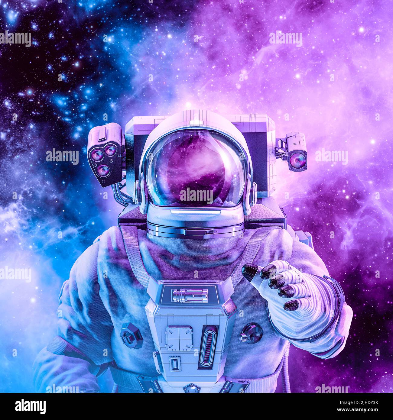 Friedlicher Galaxie-Astronaut - 3D Illustration des Menschen im Weltraumanzug in sanft leuchtender rosa und blauer galaktischer Wolke Stockfoto