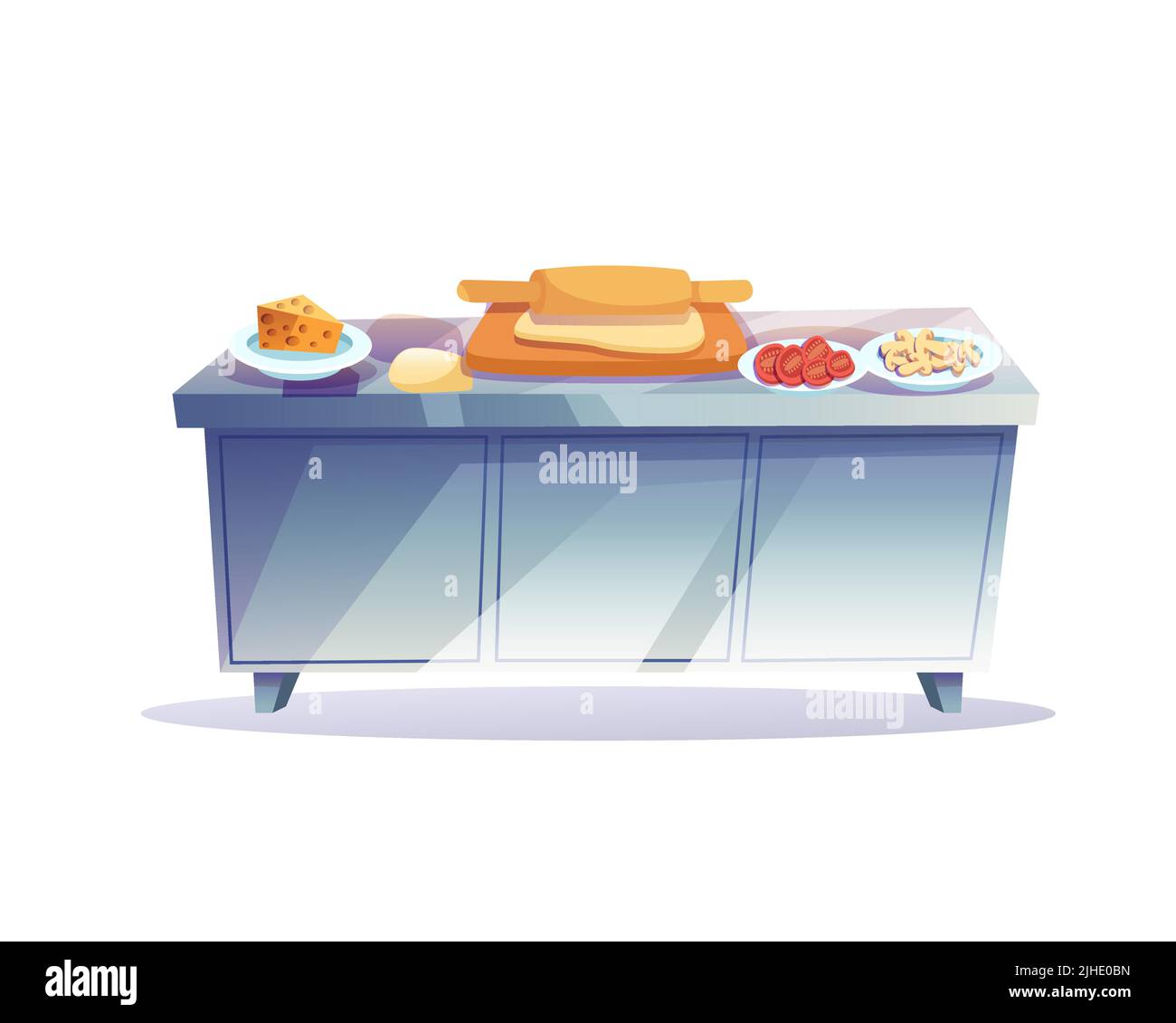 Flacher Cartoon-Küchentisch mit Nudelholz, Teig- und Lebensmittelzutaten, Wohnmöbel, Küchenset Innenelemente Vektor-Illustration Konzept Stock Vektor