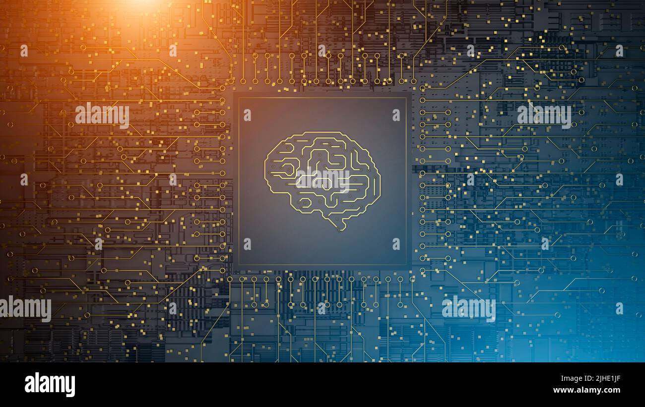 3D Computer-Chip-cpu mit menschlichem Gehirn. Prozessor auf Technologieplatine. KI, Wissenschaft, Daten, Netzwerkkonzept. . Hochwertige 3D-Illustration Stockfoto