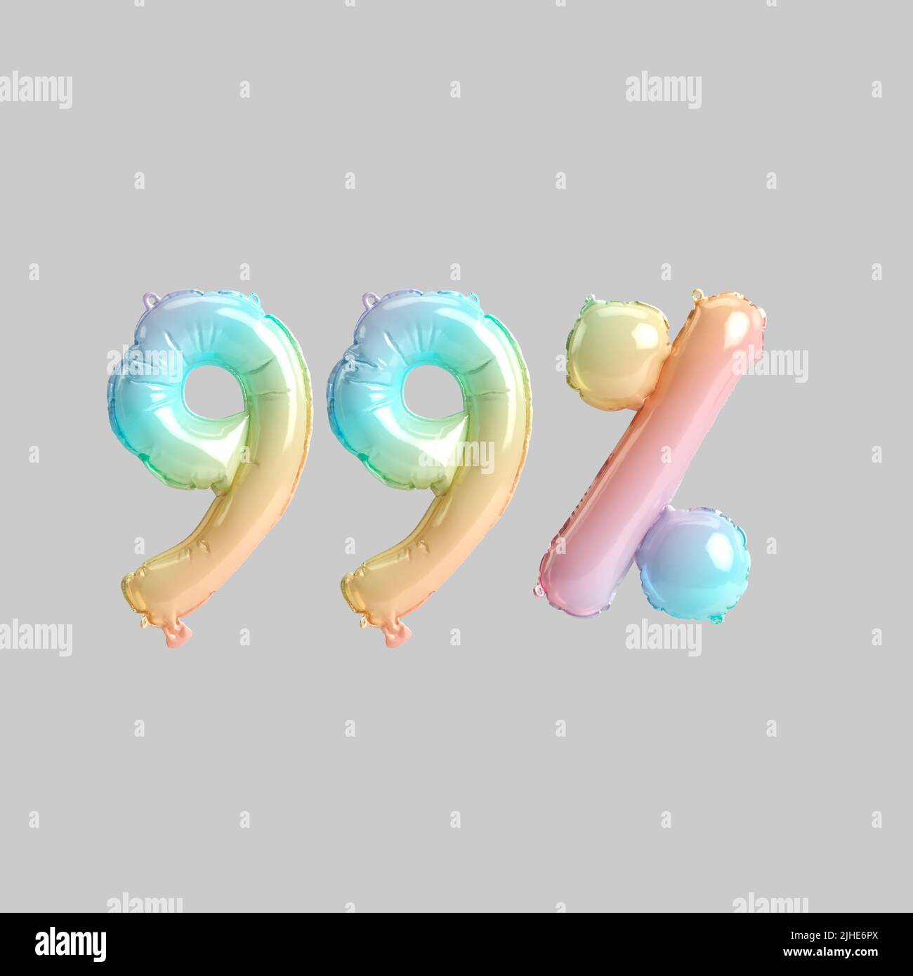 3D Abbildung von 99 Prozent Regenbogenballons für Kinder Geschäft Verkäufe isoliert auf grauem Hintergrund Stockfoto