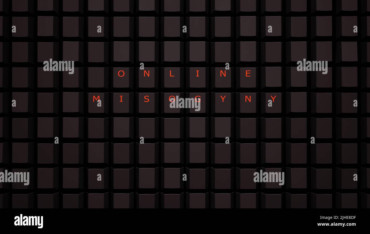 Online-Misogyny-Konzept beleuchtete orangefarbene Tasten auf einer schwarzen Tastatur Rasterwand Rechtschreibung des Wortes Misogyny 3D Illustration Rendern Stockfoto