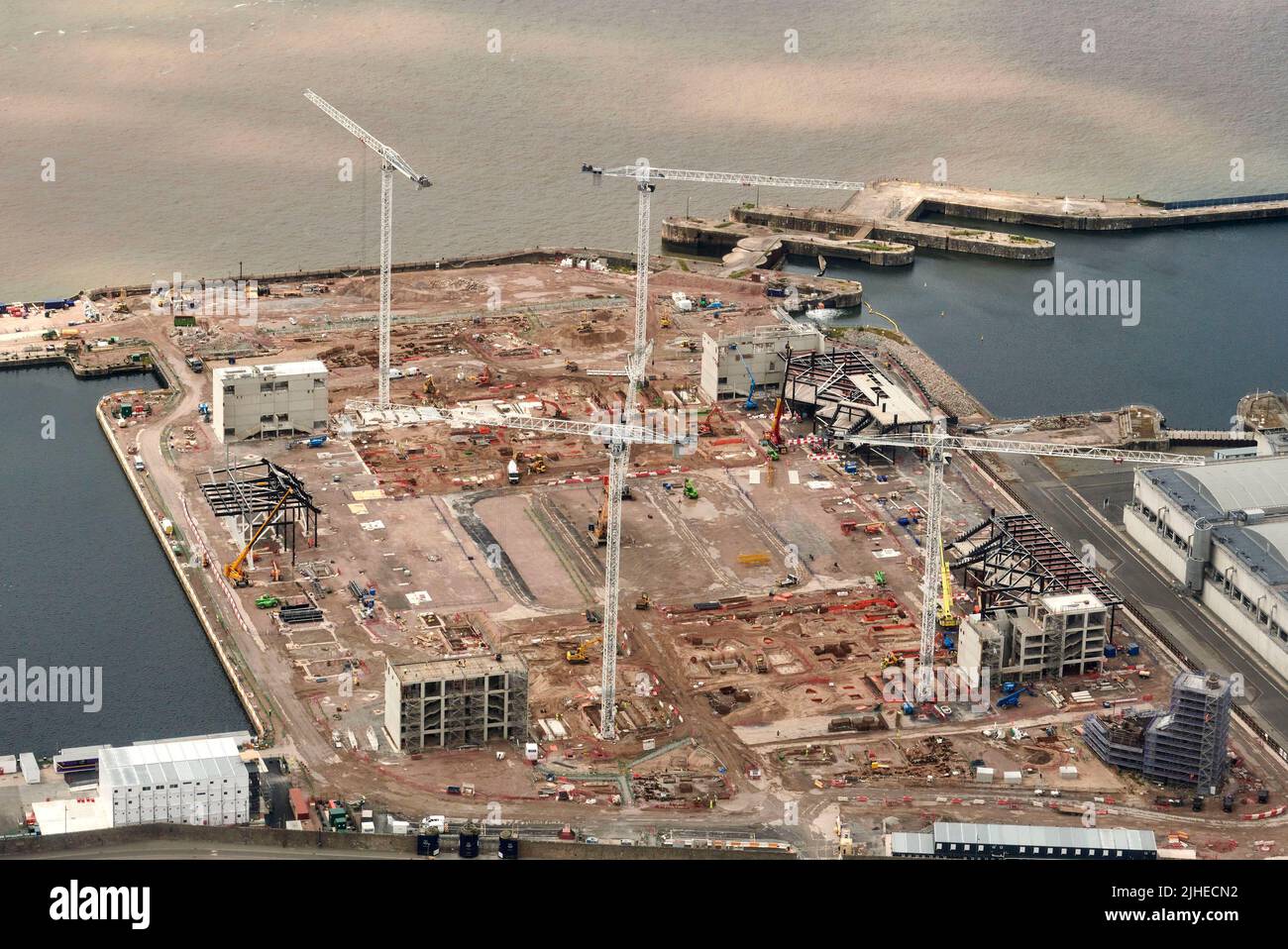 Eine Luftaufnahme des neuen Everton Football Ground im Bau, Seaforth Docks, Liverpool, Merseyside, Nordwestengland, VEREINIGTES KÖNIGREICH Stockfoto