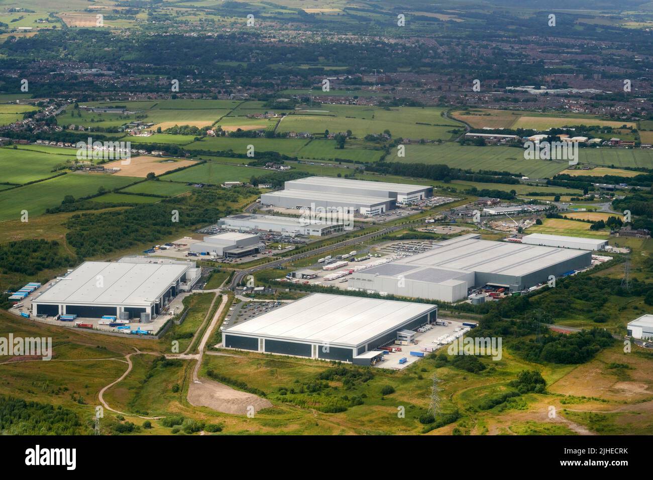 Eine Luftaufnahme des von Harworth Estates entwickelten Logistikzentrums North, Bolton, Nordwestengland, Großbritannien Stockfoto