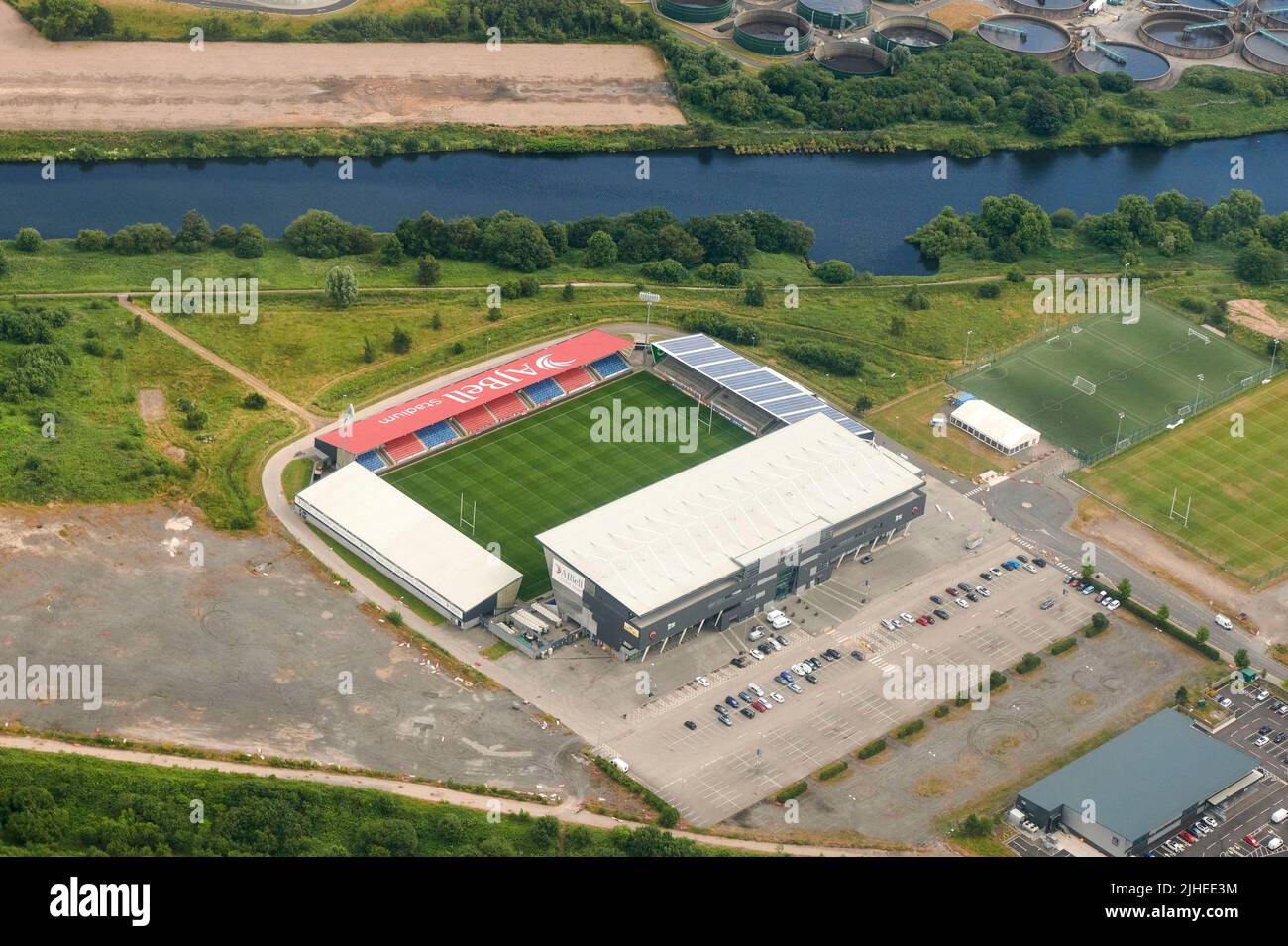 Ein Luftbild des Salford City Stadium, Manchester, Nordwestengland, Großbritannien, das auch die Heimat der Sale-Haie ist Stockfoto