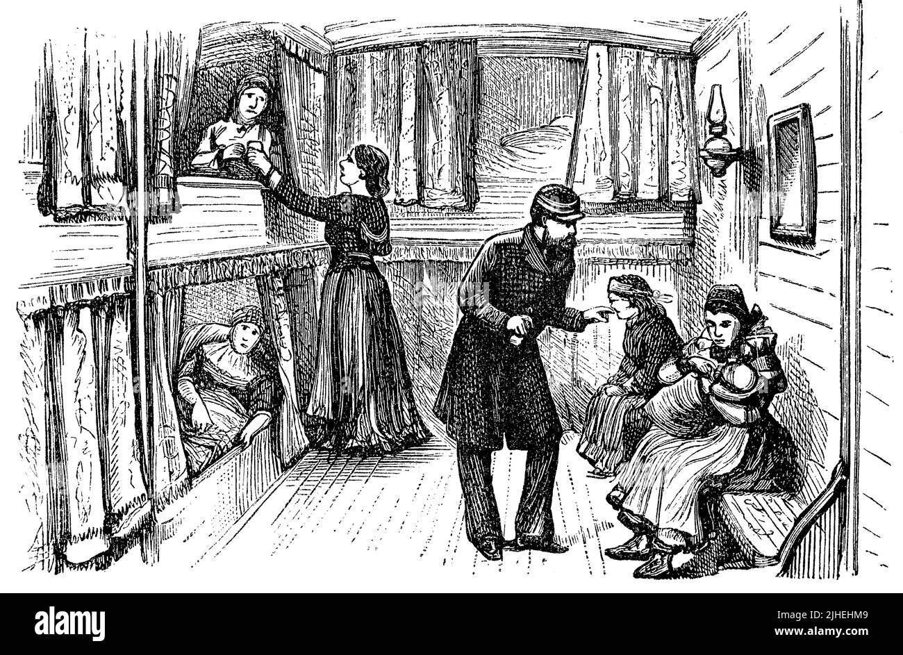 Szene auf einem englischen Auswandererschiff, hier der Krankenhausraum / Scene on an English Emigrant ship, here the sickroom, Historisch, historical, digital improved Reproduktion eines Originals aus dem 19.. Jahrhundert, genau Originaldatum nicht bekannt Stockfoto