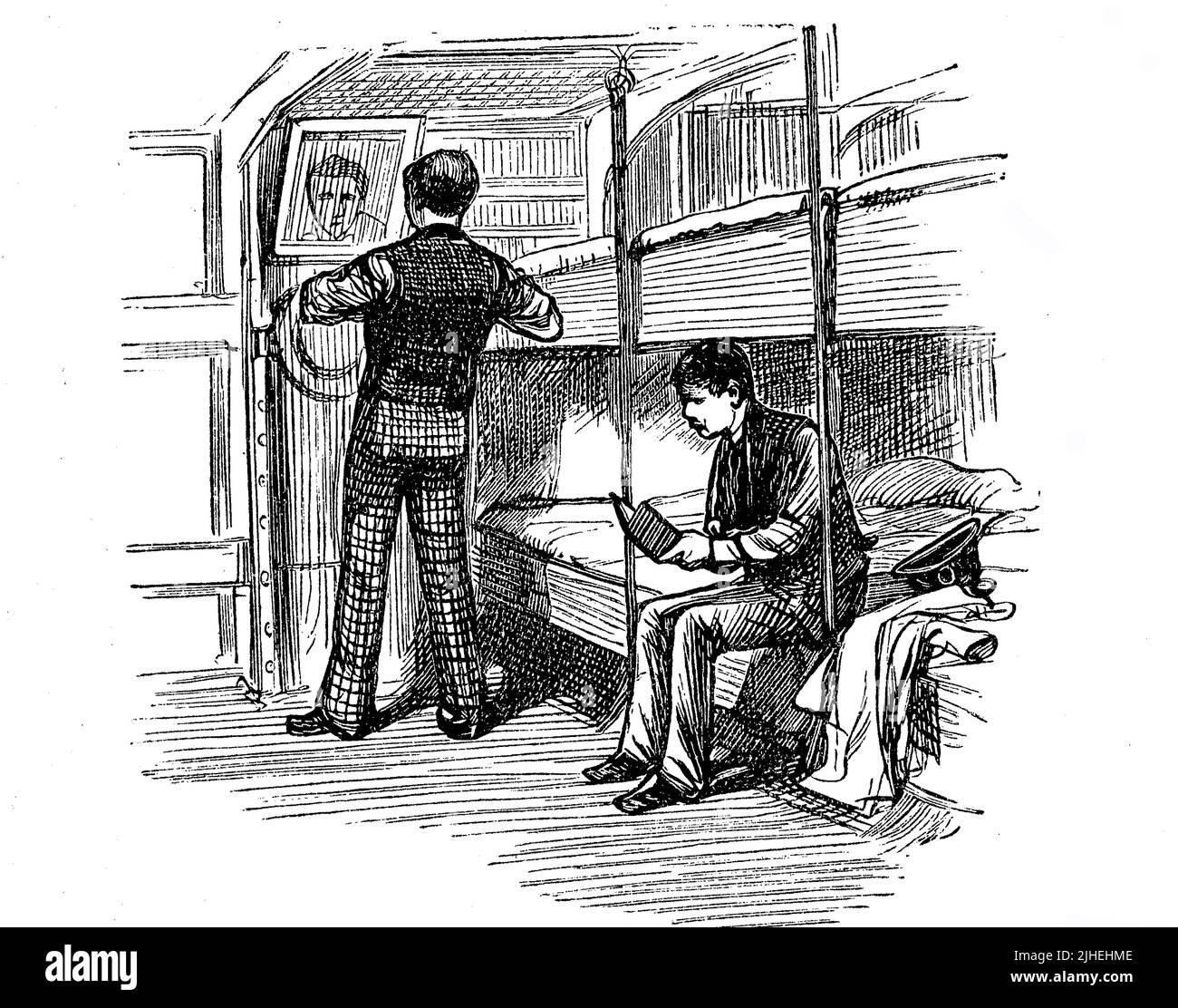 Szene auf einem englischen Auswandererschiff, hier der Schlafraum für Männer / Scene on an English Emigrant ship, here the Sleeping room for men, Historisch, historical, digital improved Reproduktion eines Originals aus dem 19.. Jahrhundert, genau Originaldatum nicht bekannt Stockfoto