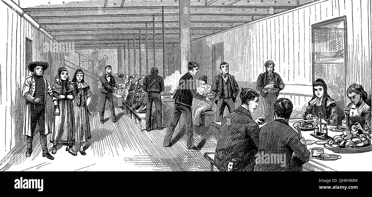 Szene auf einem englischen Auswandererschiff, hier der Speisesaal / Scene on an English Emigrant ship, here the Dining room, Historisch, historical, digital improved Reproduktion eines Originals aus dem 19.. Jahrhundert, genau Originaldatum nicht bekannt Stockfoto