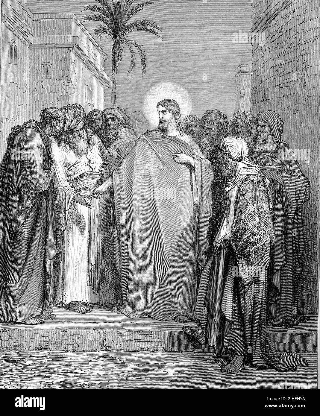 Biblische Szene in Jerusalem, Jesus Christus gibt den Zinsgroschen, Zinsen an den Geldverleiher / Biblical Scene in Jerusalem, Jesus Christ gives the interest groschen, interest to the money lender, Historisch, historical, digital improved Reproduktion of an original from the 19. centu, genau Originaldatum nicht bekannt Stockfoto