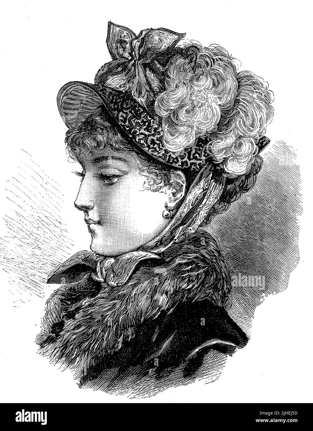 Modebild aus dem Jahr 1880, elegante Frau mit Hut und Fellkragen, England / Modebild von 1880, elegante Frau mit Hut und Pelzkragen, England, Historisch, historisch, digital verbesserte Reproduktion eines Originals aus dem 19.. Jahrhundert, genau Originaldatum nicht bekannt Stockfoto