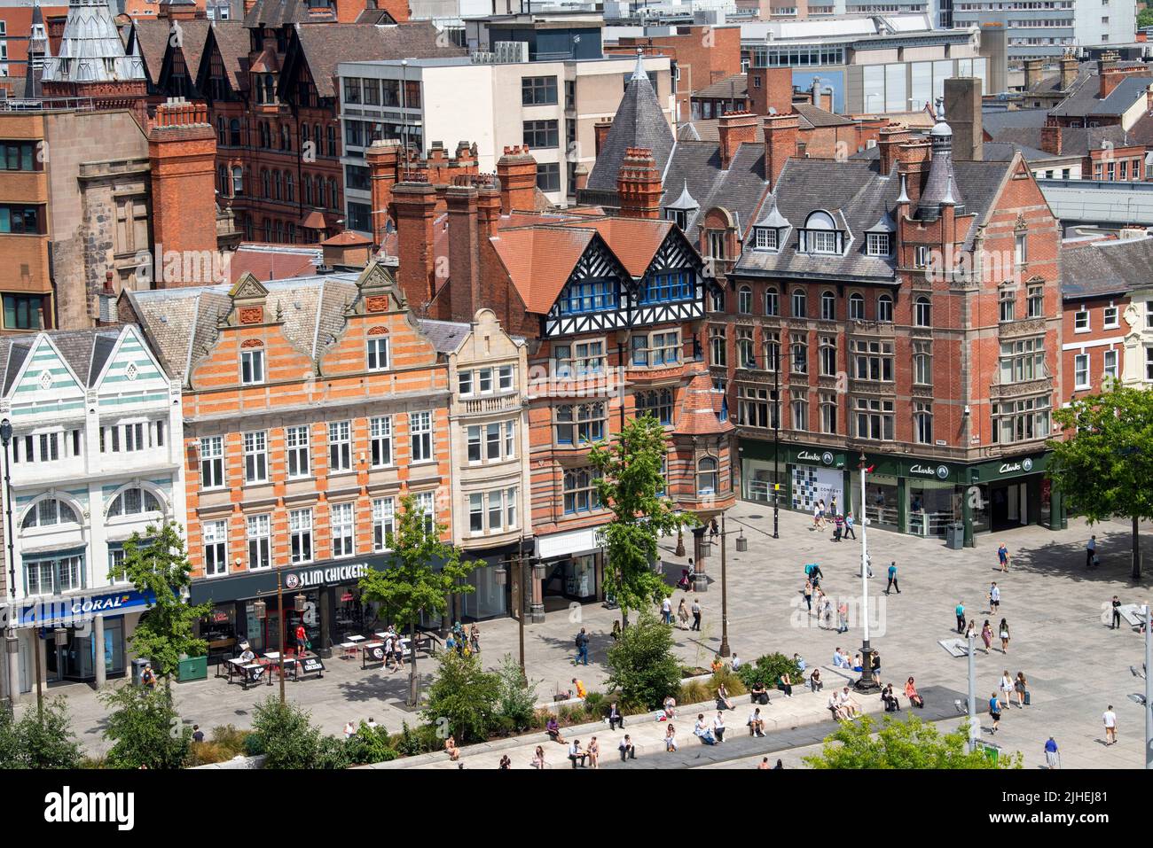 Blick auf den Market Square und die King Street vom Dach des Pearl Assurance Building in Nottingham City, Nottinghamshire, England Stockfoto