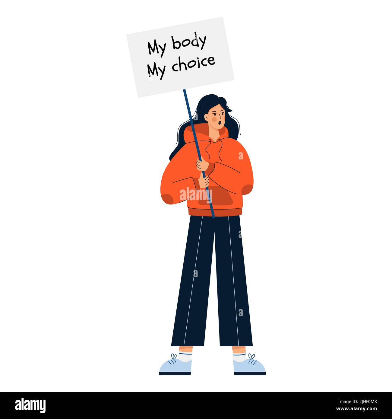 Ein junges dunkelhaariges Mädchen in einem Hoodie hält ein Schild Mein Körper ist meine Wahl. Der Kampf der Frauen für Abtreibungsrechte. frauenmarsch für Abtreibungsrechte. Protes Stock Vektor