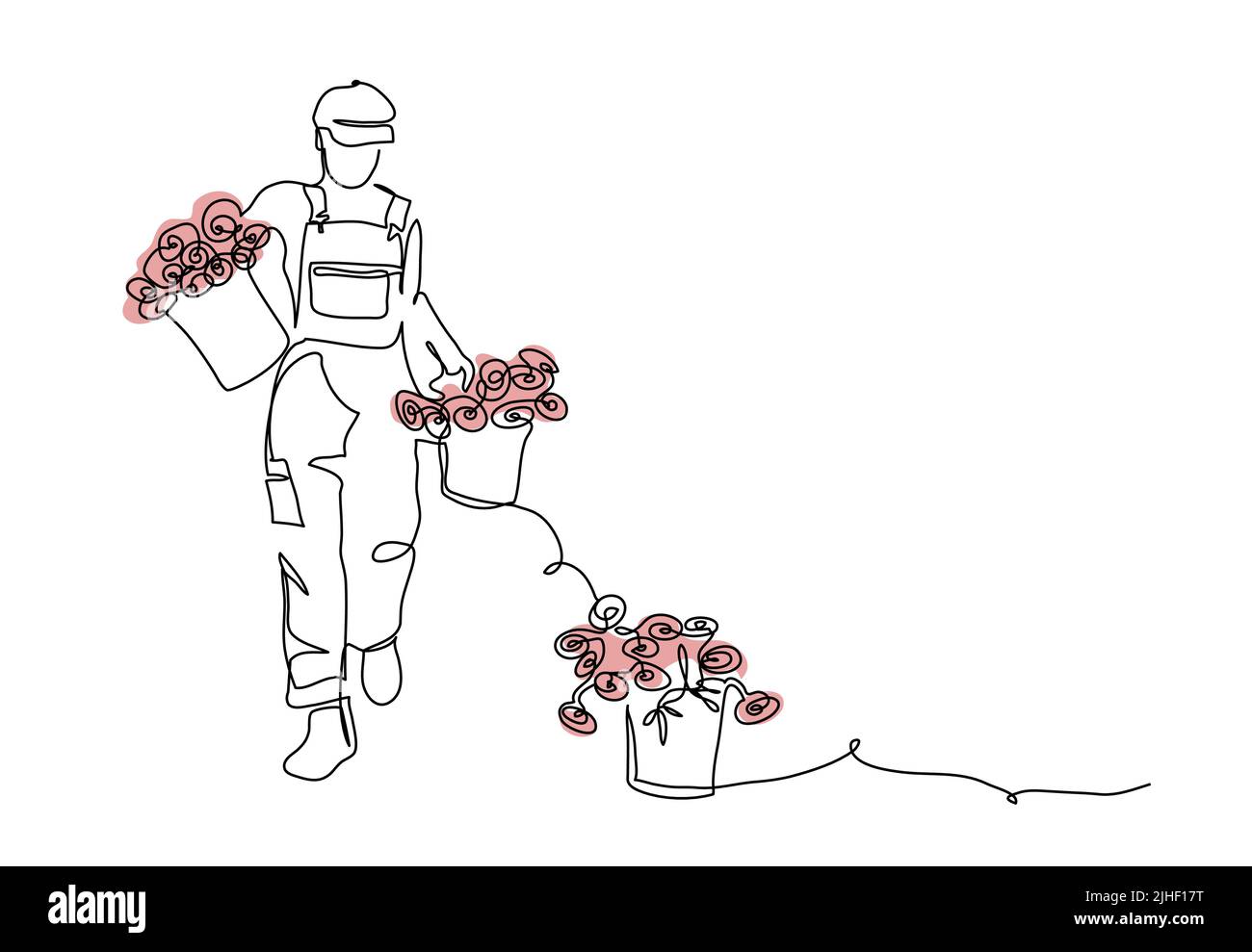 Gärtnermädchen hält Eimer mit Blumen. Vektorhintergrund, Banner, Poster. Eine kontinuierliche Linie Kunst Zeichnung Illustration des Gärtners mit Blumen Stock Vektor