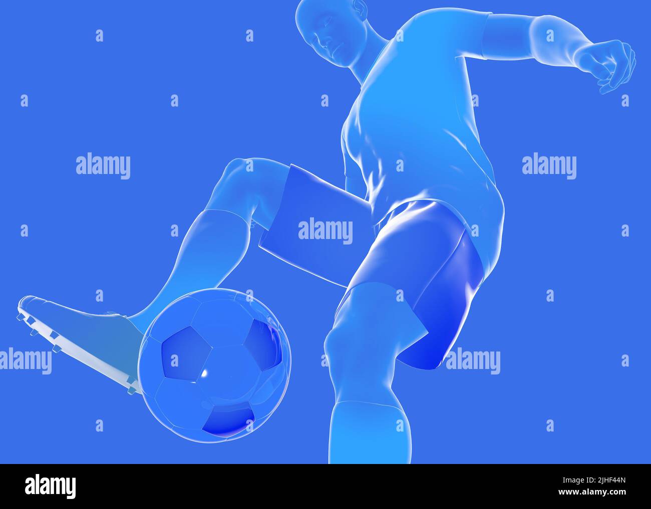 3D Abbildung eines Fußballspielers von unten mit dem Ball. Blaues Hemd und Hose. Stockfoto
