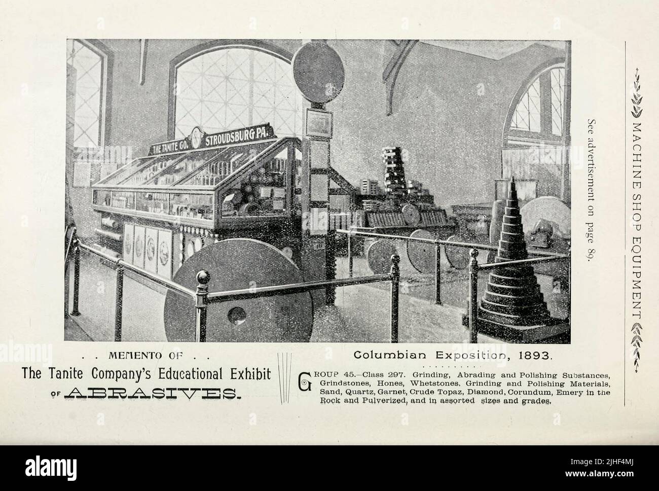 Maschinen-Shop-Ausrüstung The Tanite Company's Educational Exhibit of Abrasives Manufactures and Liberal Arts Building World's Columbian Exposition Chicago 1893 vom Factory and Industrial Management Magazine Volume 6 1891 Publisher New York [etc.] McGraw-Hill [etc.] Stockfoto