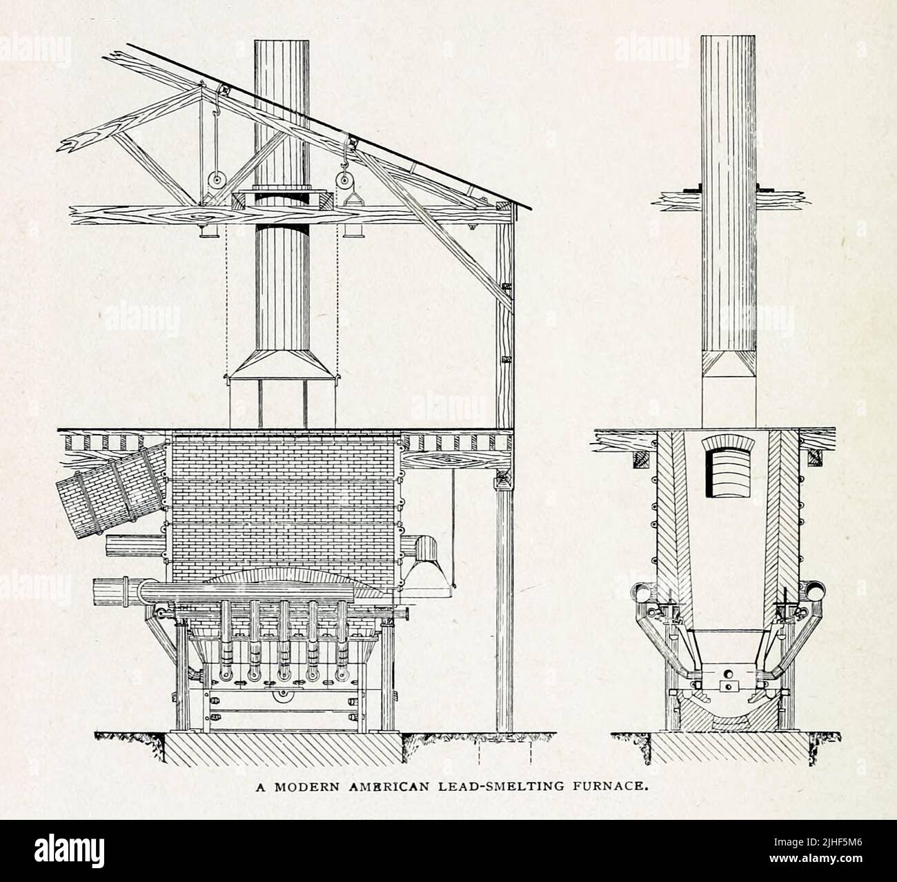 Eine moderne amerikanische Bleischmelzöfen aus dem Artikel „THE AMERICAN PRACTICE IN SILVER-LEAD SMELTING“ von Walter Renton Ingalls vom Factory and Industrial Management Magazine Volume 6 1894 Publisher New York [etc.] McGraw-Hill [etc.] Stockfoto