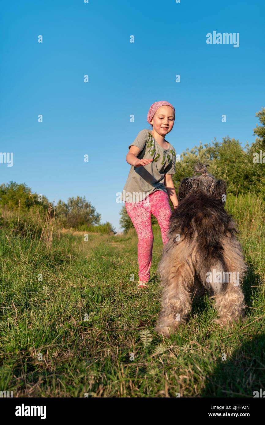 Kleines Mädchen umarmt spielen mit Hund im Freien. Familienspaziergängen Spaß haben Zeit zusammen in der Natur zu verbringen. Kind mit Haustier Freund auf Sommerwiese. Acti Stockfoto