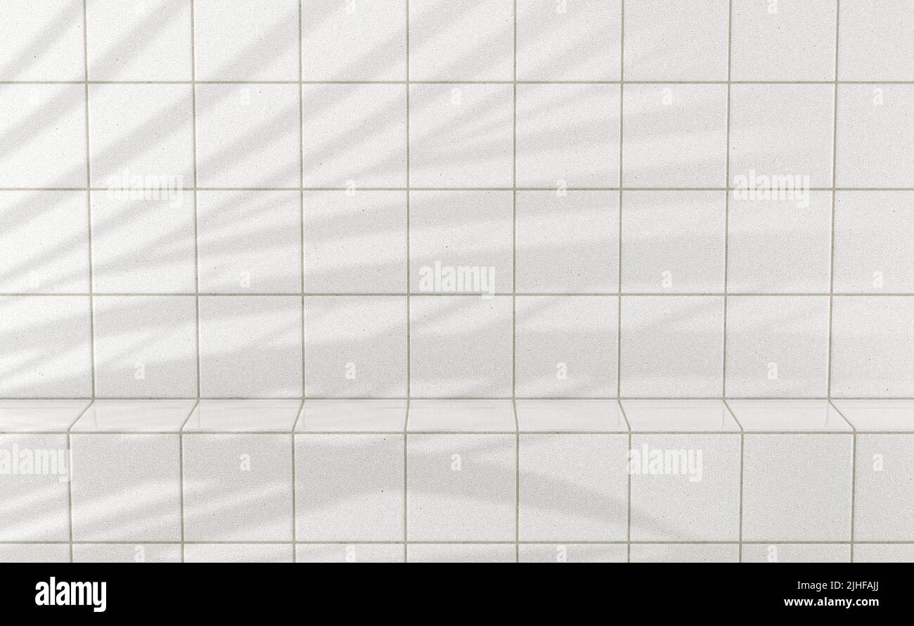 Weiß glänzende Fliesen Badezimmer oder Küche Hintergrund mit Podium Stockfoto