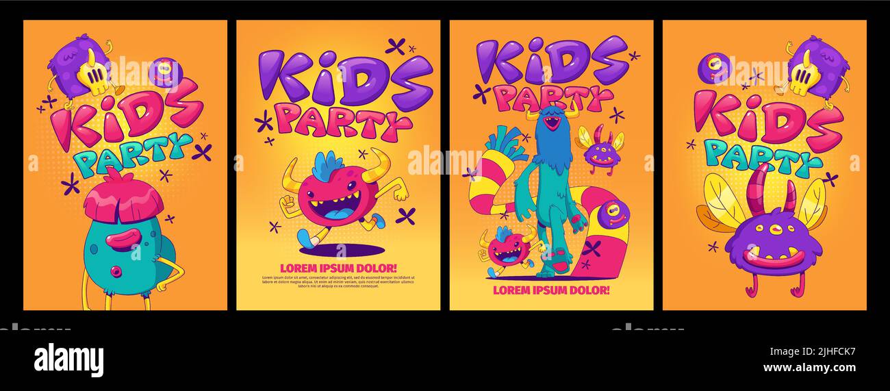 Kinderparty-Poster mit niedlichen Monstern im zeitgenössischen Kunststil. Vektor-Banner der Veranstaltung für Kinder mit lustigen Comic-Alien-Kreaturen auf orangefarbenem Hintergrund Stock Vektor