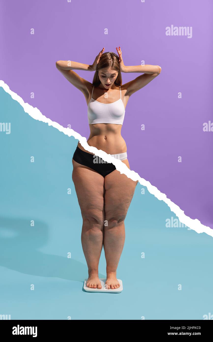 Konzeptionelle Collage mit jungen schlanken Mädchen mit Körper von Plus-Size-Frau isoliert auf blau-lila Hintergrund. Gewichtsverlust, Fitness, gesunde Ernährung Stockfoto