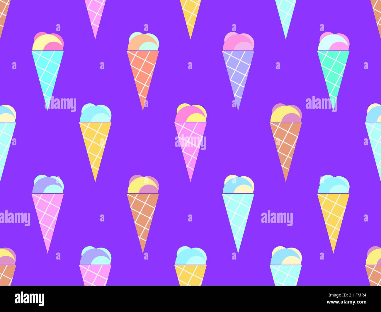 Eiscreme-Membran mit nahtlosem Muster. Eis im Waffelstil auf violettem Hintergrund. Design für Banner, Werbeartikel und Geschenkpapier. Vektor Stock Vektor