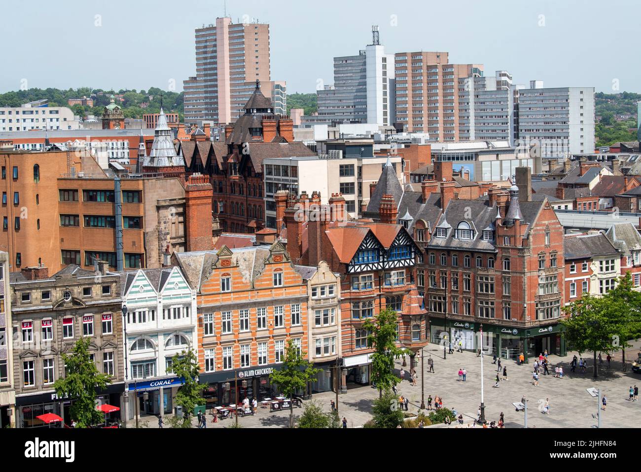 Blick auf den Market Square und die King Street vom Dach des Pearl Assurance Building in Nottingham City, Nottinghamshire, England Stockfoto