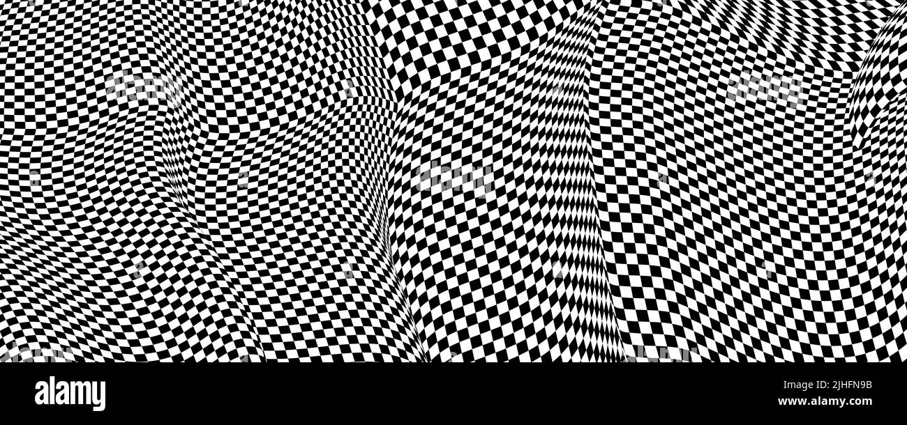 Verzerrtes Muster, Hintergrund prüfen. Schachbanner, Schachbrett, optische Täuschung. Verzerren, Vektorstruktur. 3D op Art, Schachbrett. Verzerrter Rückgroun Stock Vektor