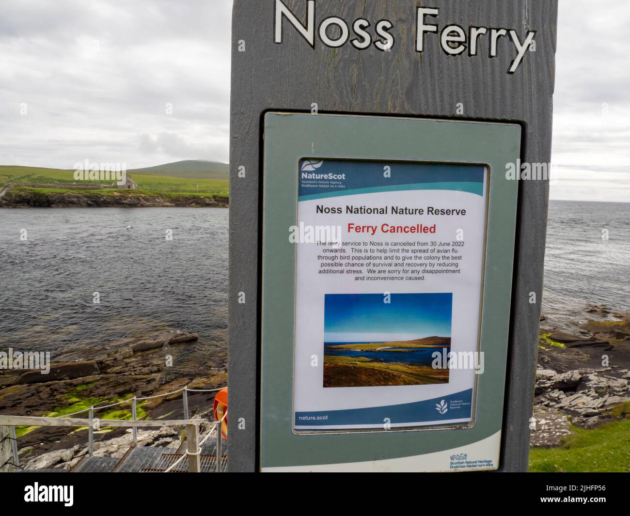 Ein Schild auf Bressay über die Annullierung der Fähre nach Noss, um die Insel zu schließen, um sich weiter vor dem Problem der Vogelgrippe zu schützen, die Tausende tötet Stockfoto