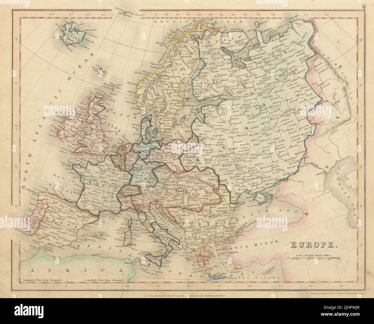 Europe von John Dower. Preußen Österreich-Ungarn &c 1845 alte antike Kartenkarte Stockfoto