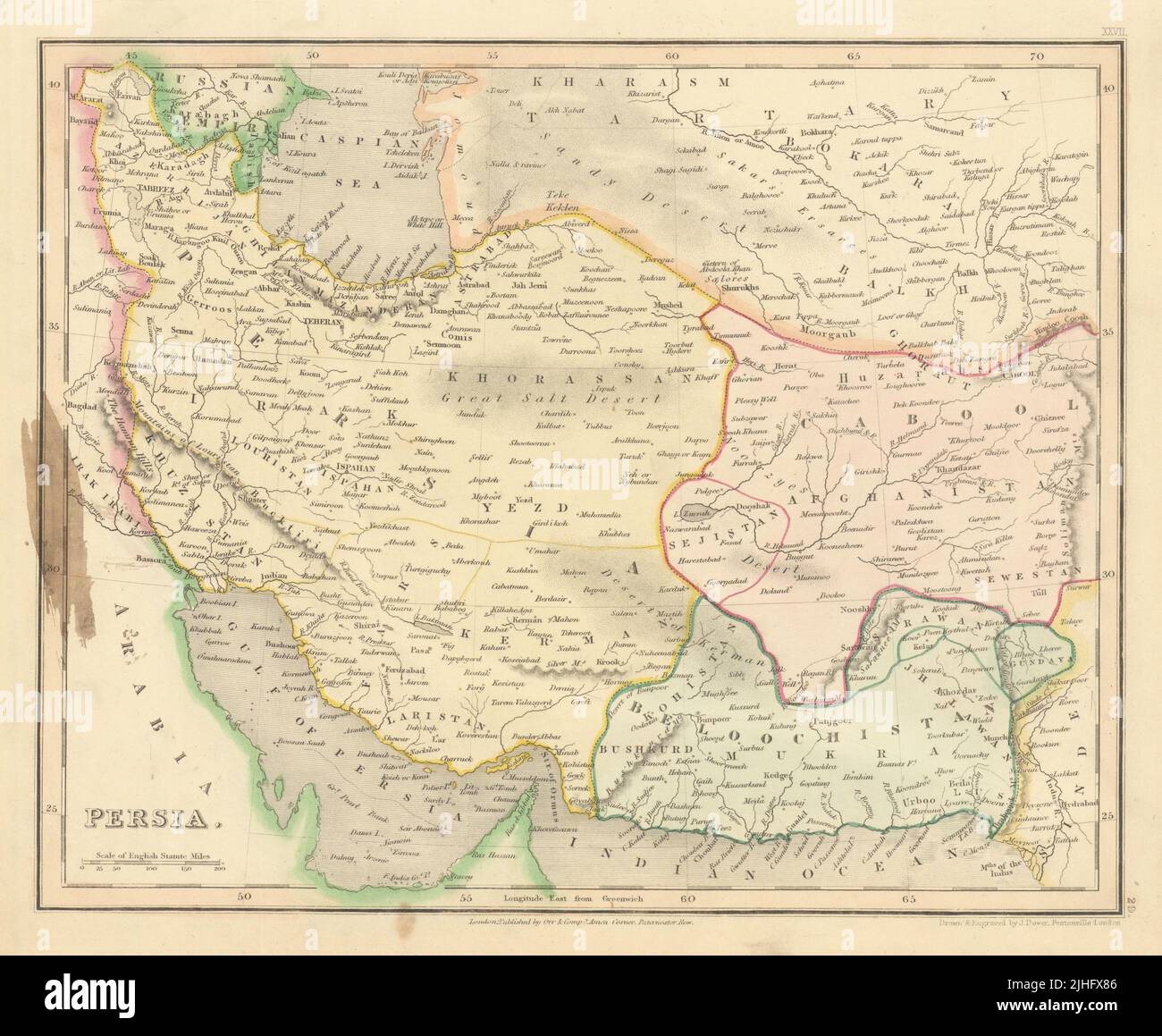 Persien von John Dower. Iran Afghanistan pakistan Beloochistan 1845 alte Landkarte Stockfoto