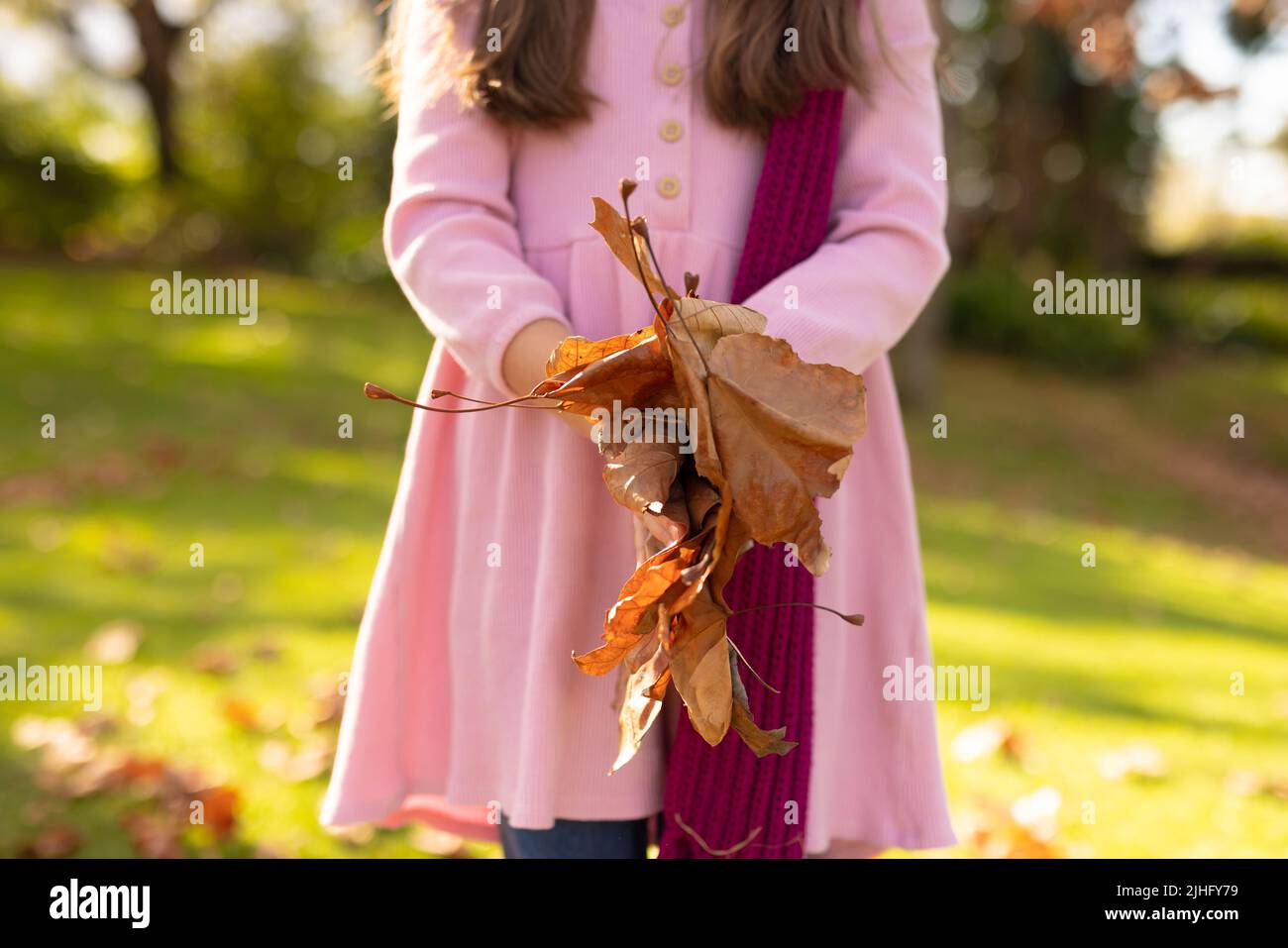 Bild des mittleren Abschnitts des kaukasischen Mädchens, das im Garten mit Herbstblättern spielt Stockfoto