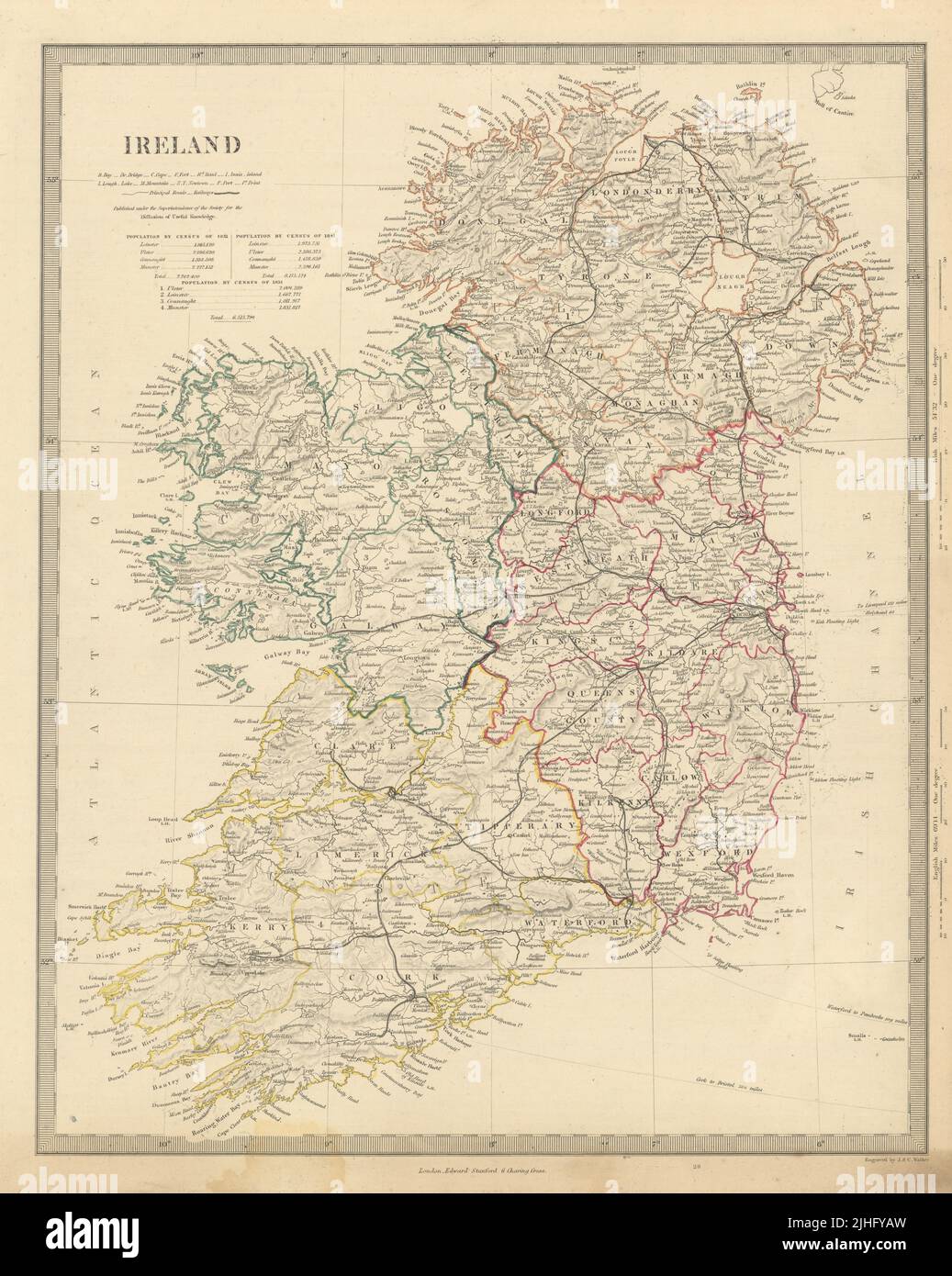 IRLAND. Zeigt Straßen, Eisenbahnen, Kanäle und Provinzen. SDUK 1856 alte Karte Stockfoto