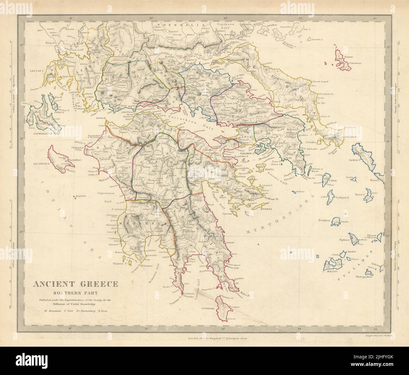 DAS ANTIKE GRIECHENLAND IM SÜDEN. Peloponnes Attika Athen Kykladen. SDUK 1851 alte Karte Stockfoto