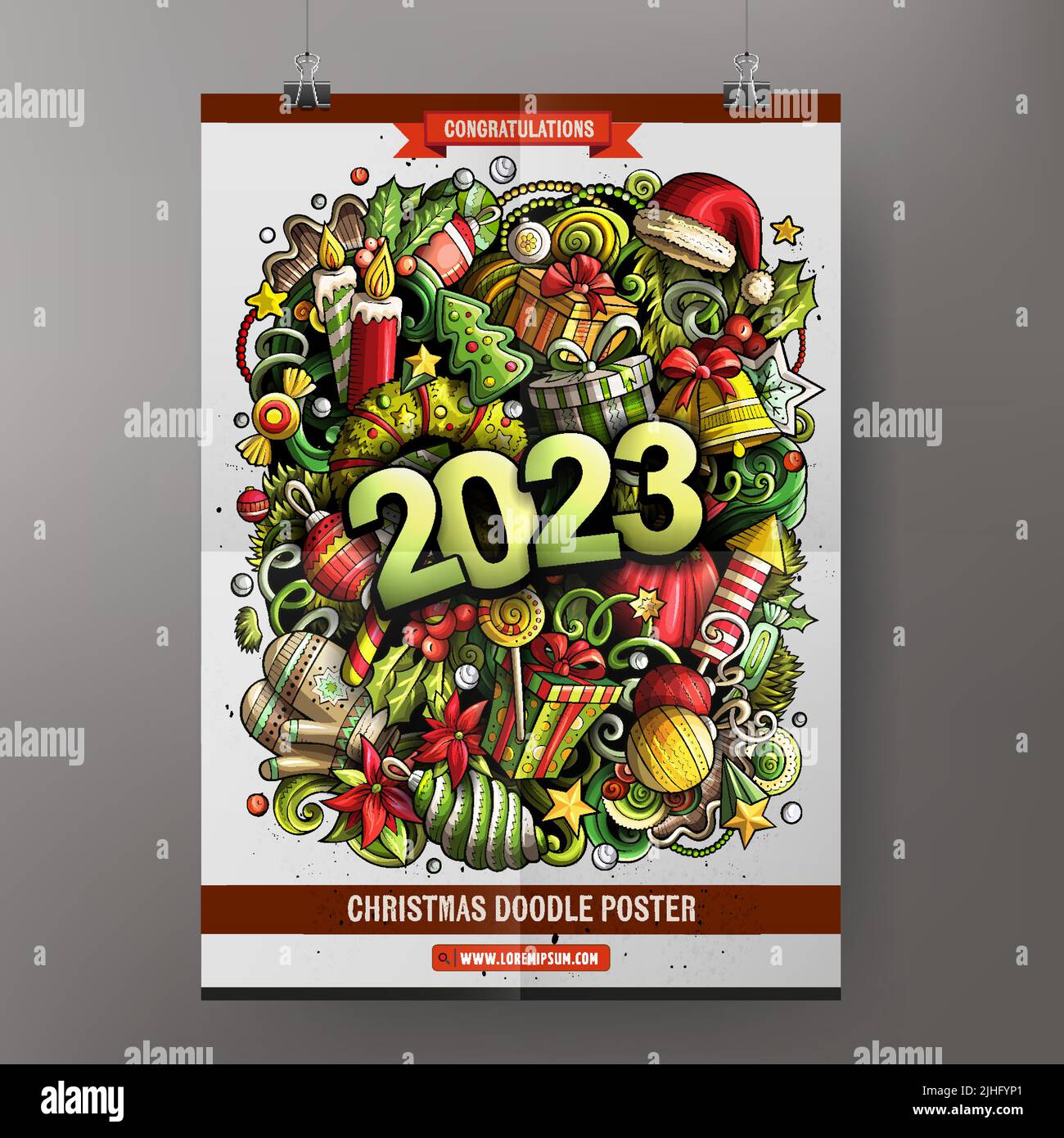 Cartoon Doodles 2023 Frohes neues Jahr Poster Vorlage Stock Vektor