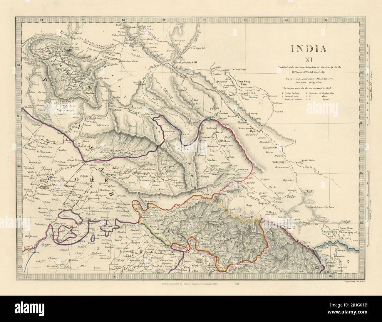 INDIEN XI PAKISTAN. Punjab Garhwal Lahore Sirhind Kaschmir China. SDUK 1851-Karte Stockfoto