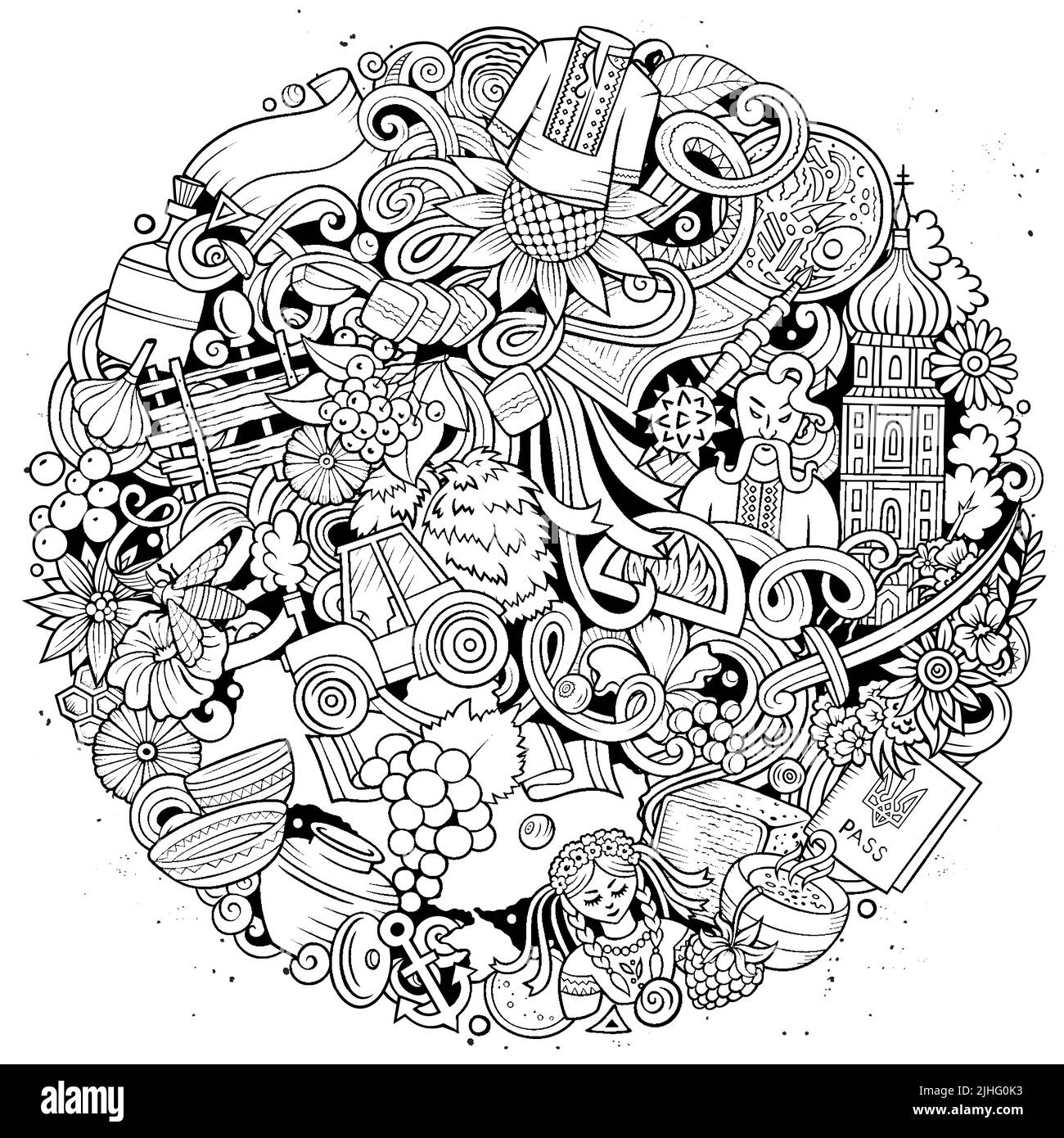 Ukraine Cartoon-Vektor kritzelt runde Illustration. Ukrainische Symbole, Elemente und Objekte Hintergrund. Skizzenhaft lustiges Bild. Alle Elemente sind getrennt Stock Vektor