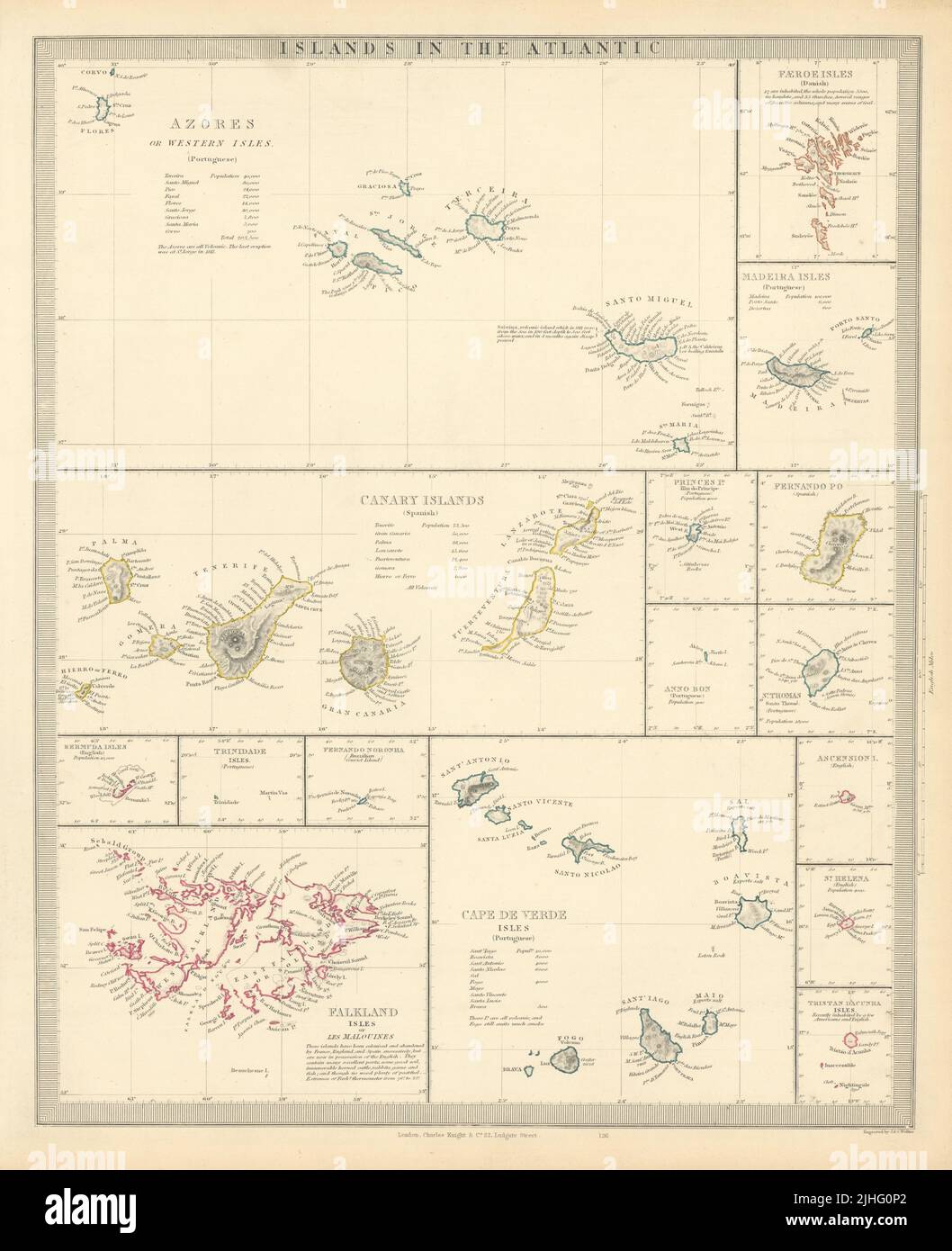 ATLANTIKINSELN. Azoren Färöer Madeira Kanarische Bermuda-Falkland. SDUK 1851-Karte Stockfoto