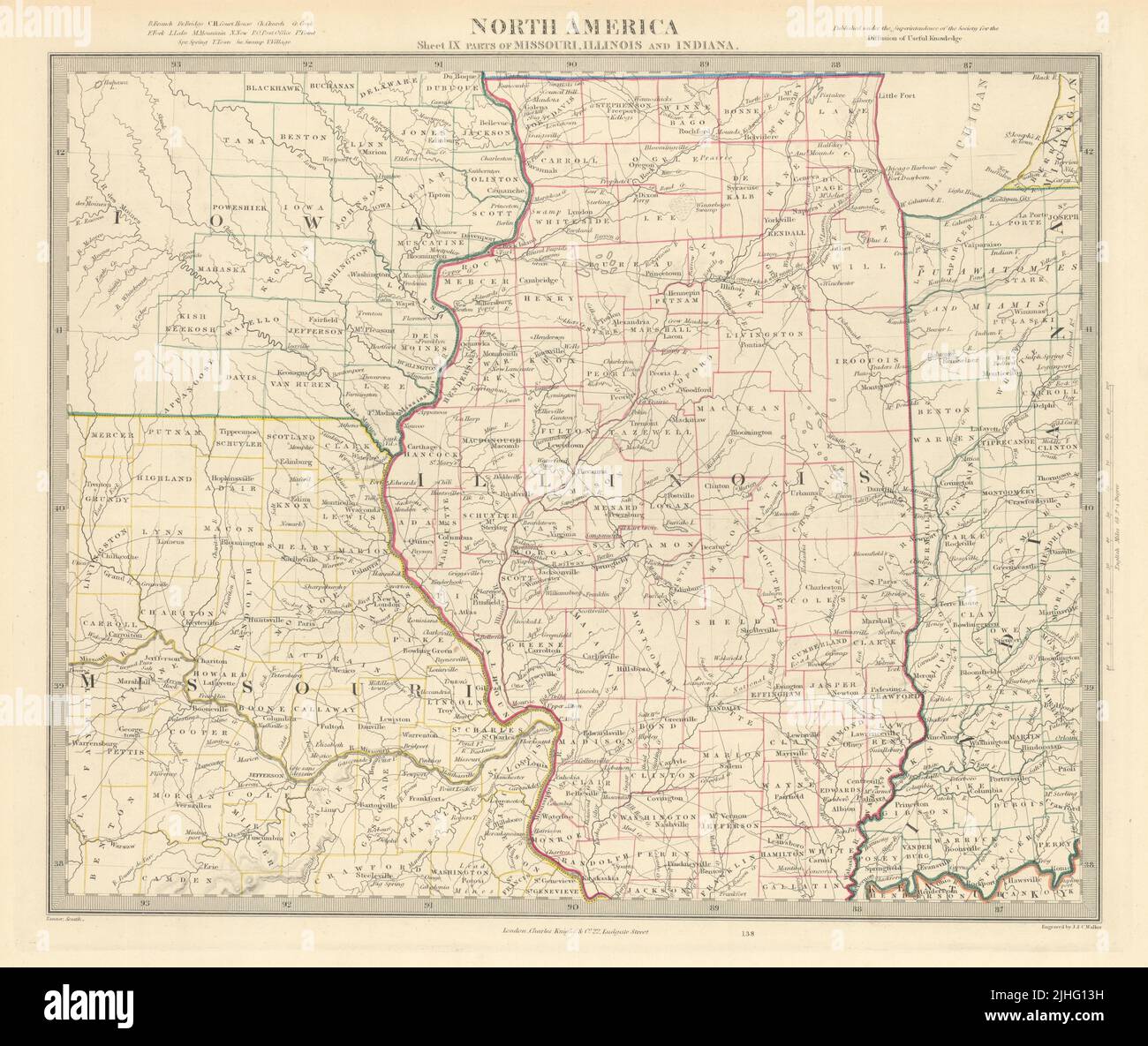 USA IM MITTLEREN WESTEN. Missouri Illinois Indiana Iowa. Chicago St. Louis. SDUK 1851-Karte Stockfoto