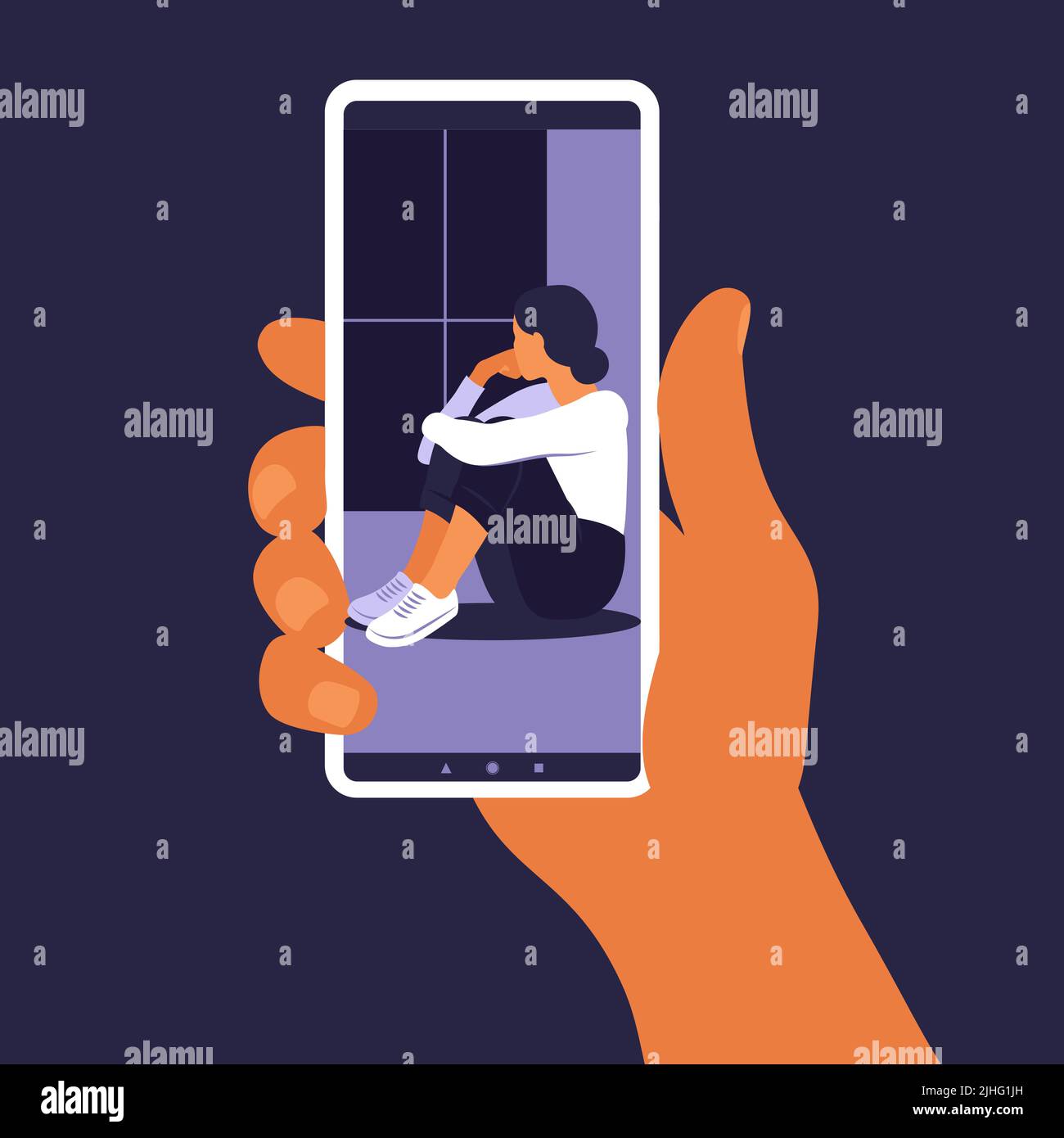 Krisenhotline. Hand hält ein Smartphone. Konzept der neuen Technologien. Psychische Gesundheit. Stock Vektor