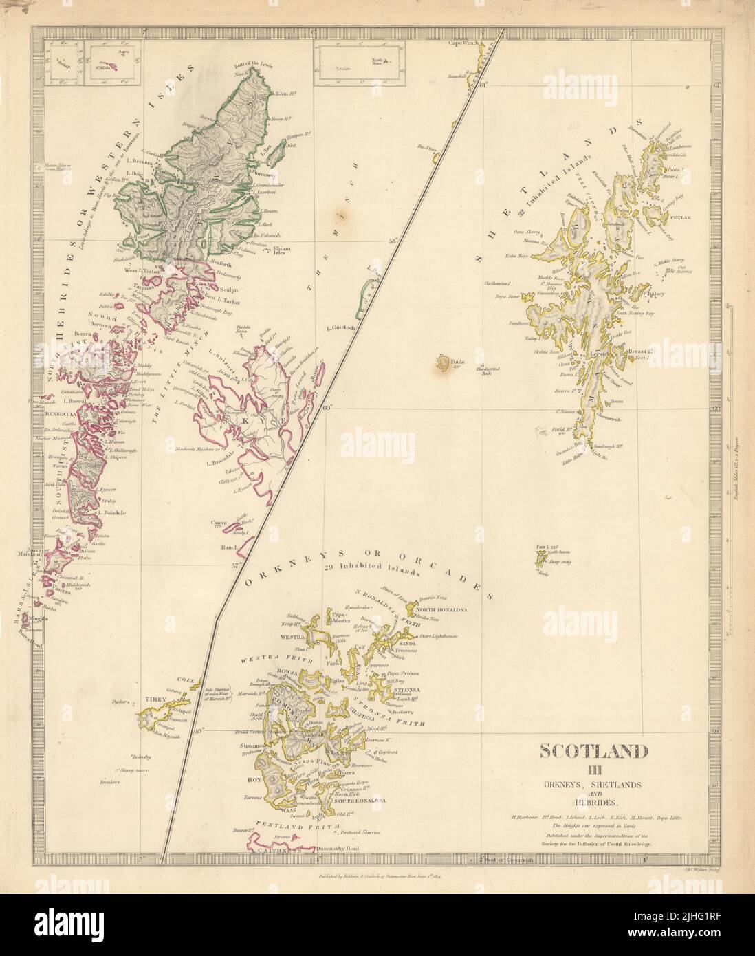 SCHOTTLAND-INSELN. Westliche Inseln. Orkneys, Shetlands und Hebrides.SDUK 1844 Karte Stockfoto