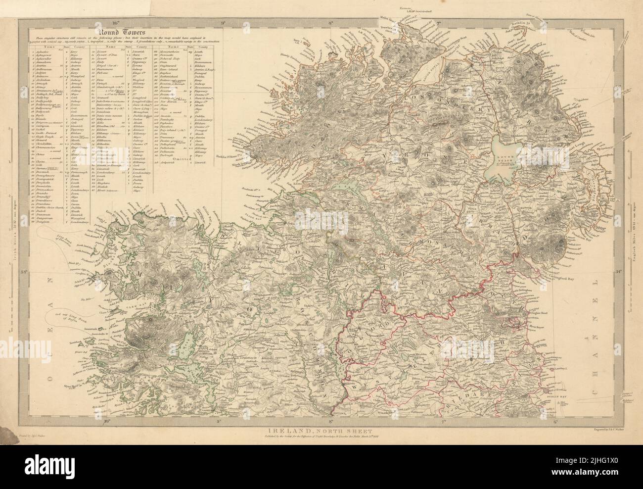 IRLAND.Nordblatt.Liste der runden Türme Cloigtheach Cloigthithe.SDUK 1844 Karte Stockfoto