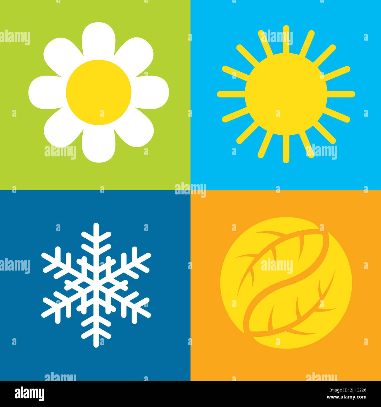 Vektorsymbole für vier Jahreszeiten. Satz von vier Vektorsymbolen auf farbenfrohen Hintergründen, die jede der vier Jahreszeiten, Frühling, Sommer, Herbst, Winter, darstellen. Stock Vektor