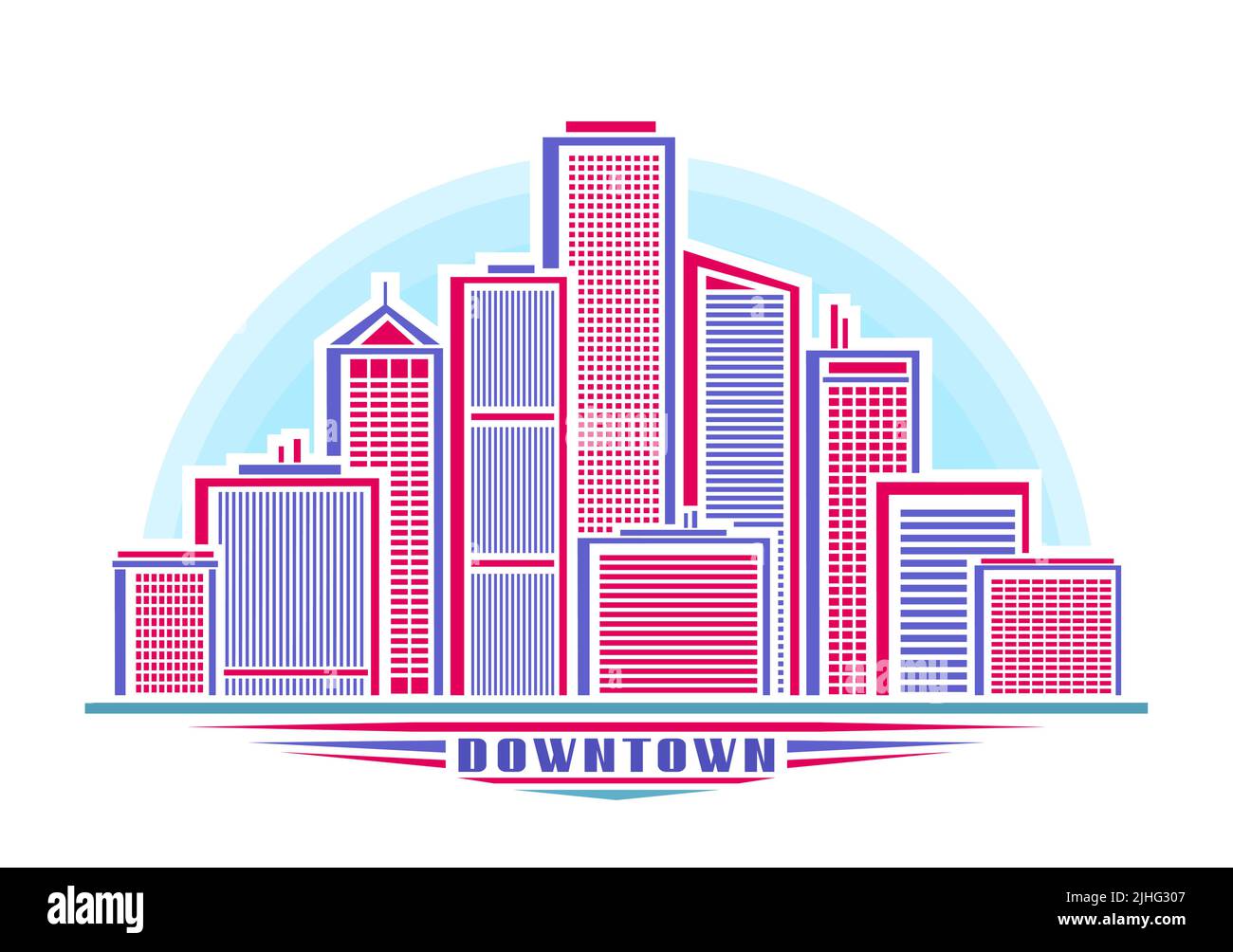Vektor-Illustration der Downtown Skyline, horizontales dekoratives Poster mit linearem Design Skyline Stadtbild, Urban Line Art Konzept auf Himmel Hintergrund A Stock Vektor